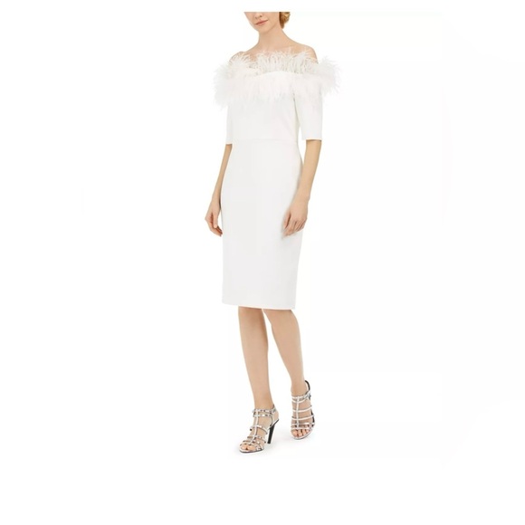 Calvin Klein Off The Shoulder Ostrich Feather Dress - Picture 1 of 7